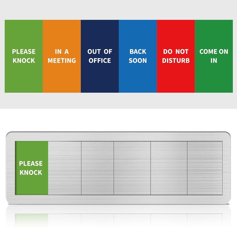 EliteSign Office Door Signs- 6 Options Out Of Office Sign for Door,Do Not Disturb, In A Meeting,Please Knock, Come On In,Back Soon, Privacy Slider Sign for Meeting & Conference Room Brushed Silver - Image 1